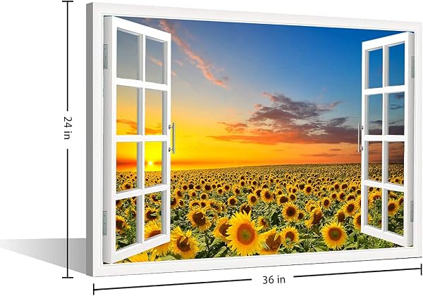 TISHIRON Wall Decorations Sunflower 3D Window View for Living Room Painting Pictures Print On Canvas Wall Art Wooden Frame Ready to Hang (36X24in) - 5