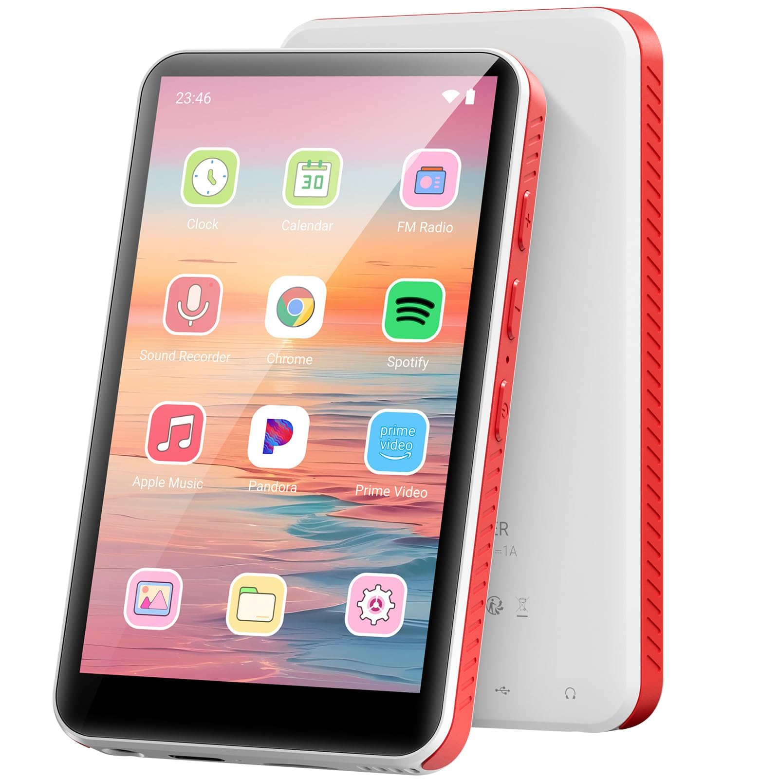 192GB Lettore MP3 con Bluetooth e WiFi, Portatile Spotify Lettore MP3 Android 13.0, RAM:4GB, Oilsky 4,0 pollici HD Schermo Tattile MP4 Lettore con Altoparlante (bianco + rosso)