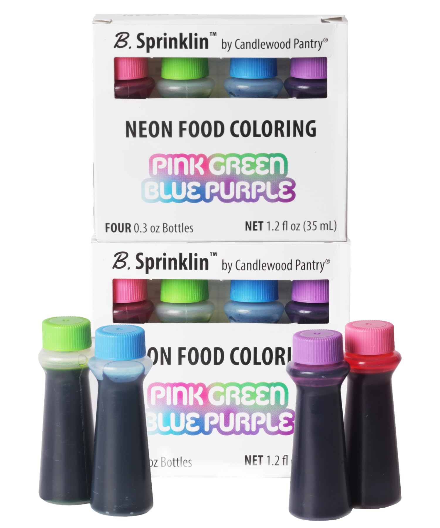 Candlewood Pantry B. Sprinklin Neon Liquid Food Coloring Kit Set of 4-0.3 fL Oz - Pink, Green, Purple, Blue - Vibrant Food Dye for Slime Crafts, Eggs, Frosting and Cake Decorating (Pack of 2)