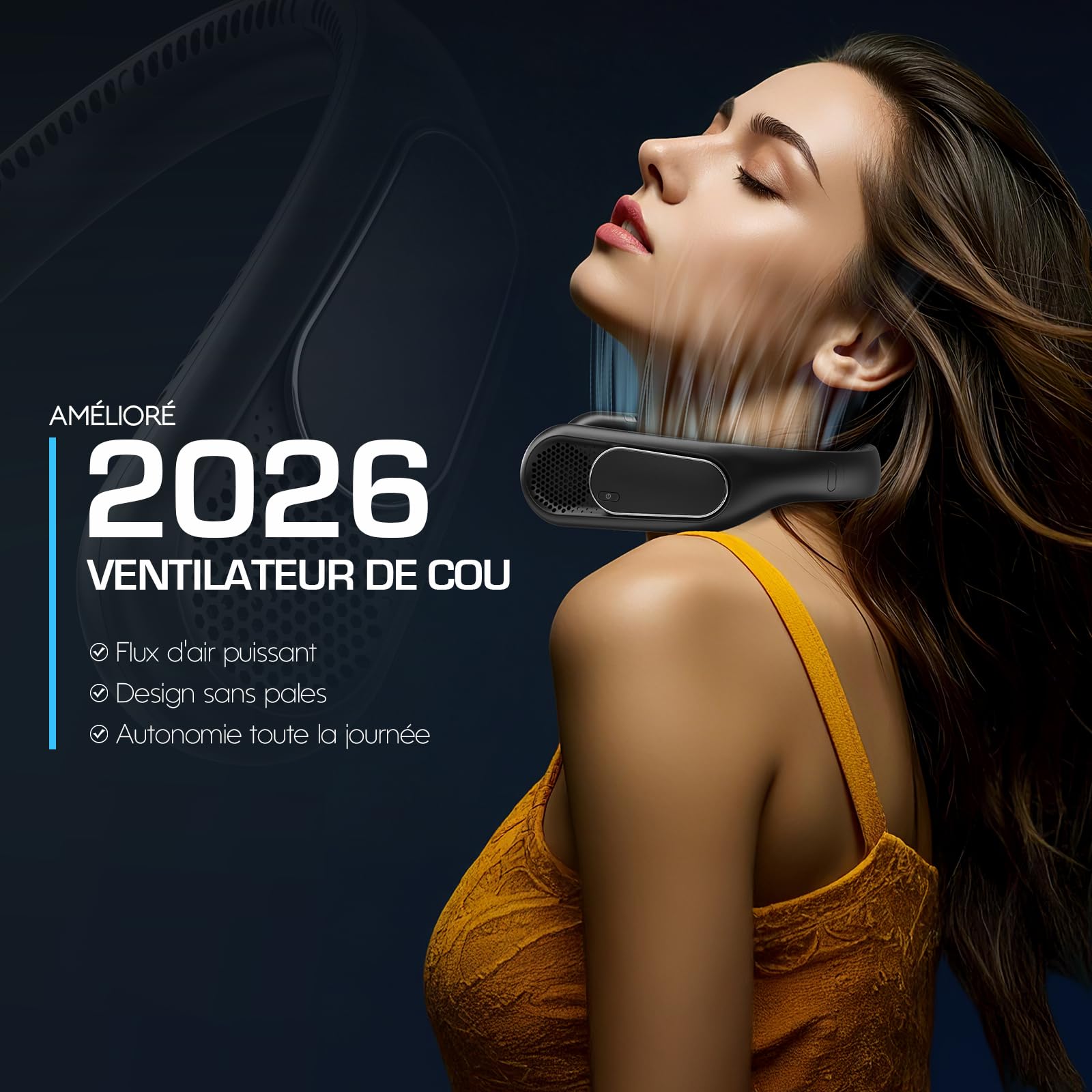 Ventilateur de Cou 6000mAh, Ventilateur Cou Sans Pales Portable, 4 Vitesses, Rechargeable USB, Longue Autonomie, pour Voyage, Bureau et Extérieur