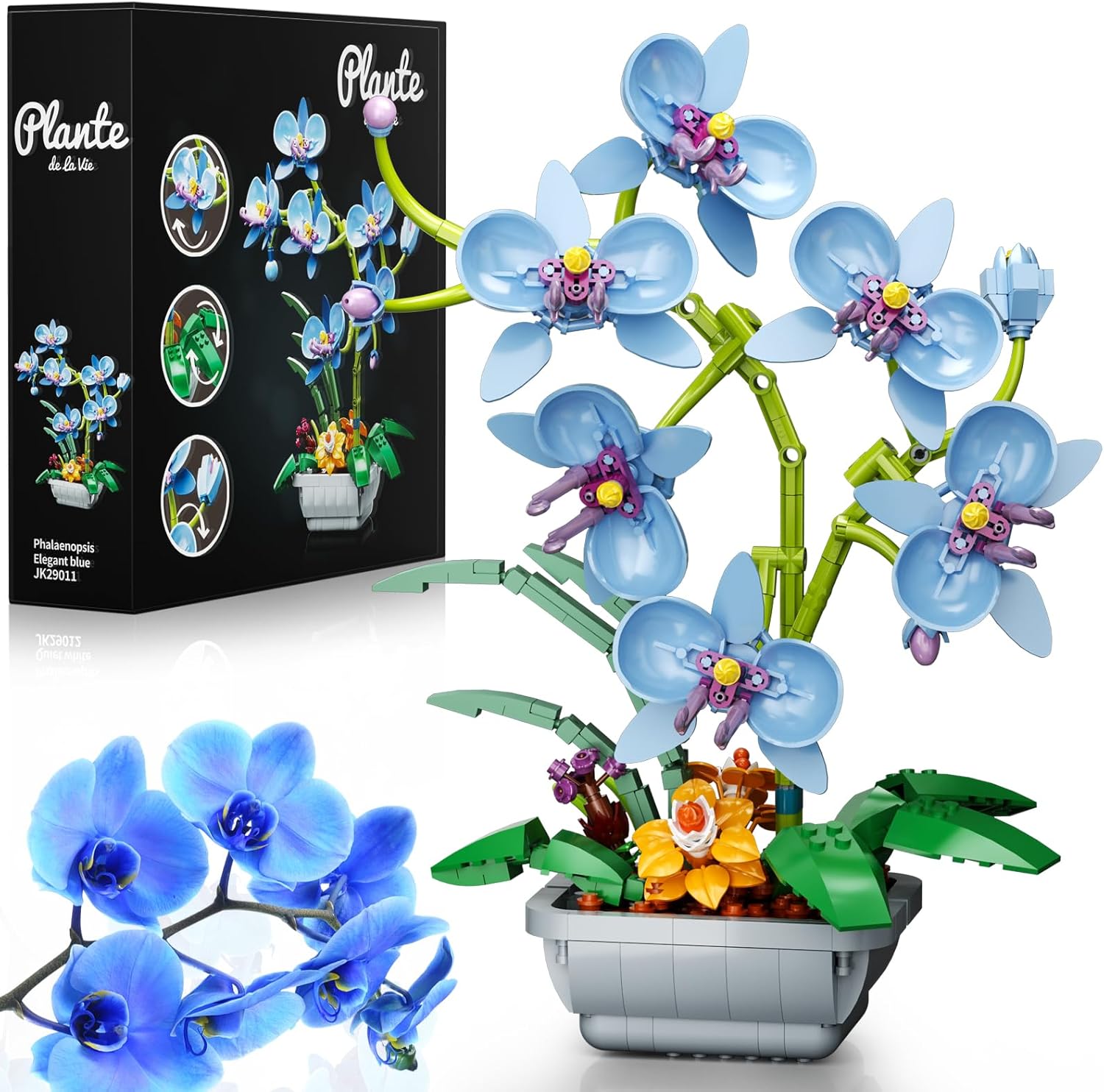 itshWOee Blue Orchid Flowers Bouquet Building Set, Botanical Collection Artificial Plant for Home Décor, Ideal Gifts for Mother's Day, Anniversary, Birthday