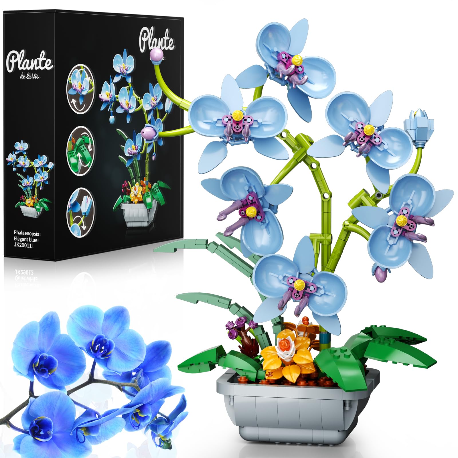 Blue Orchid Flowers Bouquet Building Set, Botanical Collection Artificial Plant for Home Décor, Ideal Gifts for Mother's Day, Anniversary, Birthday