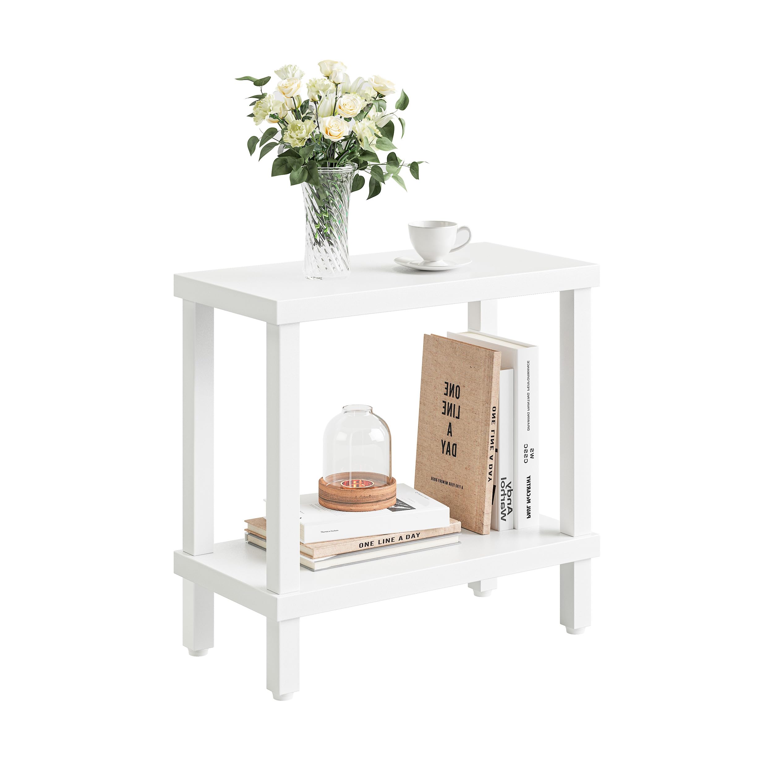 Mesa Auxiliar Pequeña de Madera Ideal para Salón o Dormitorio Medidas 60x30x58cm Mesa Centro a Dos Niveles Elegante y Funcional Rectangular Blanco LET511W