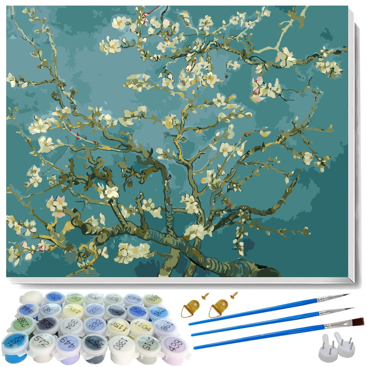 Kit di pittura con i numeri, Vincent Van Gogh, pittura a olio con fiori di mandorlo di Vincent Van Gogh, opere d'arte fai da te, per adulti, bambini e principianti, 40 x 50 cm, con cornice (fiori di