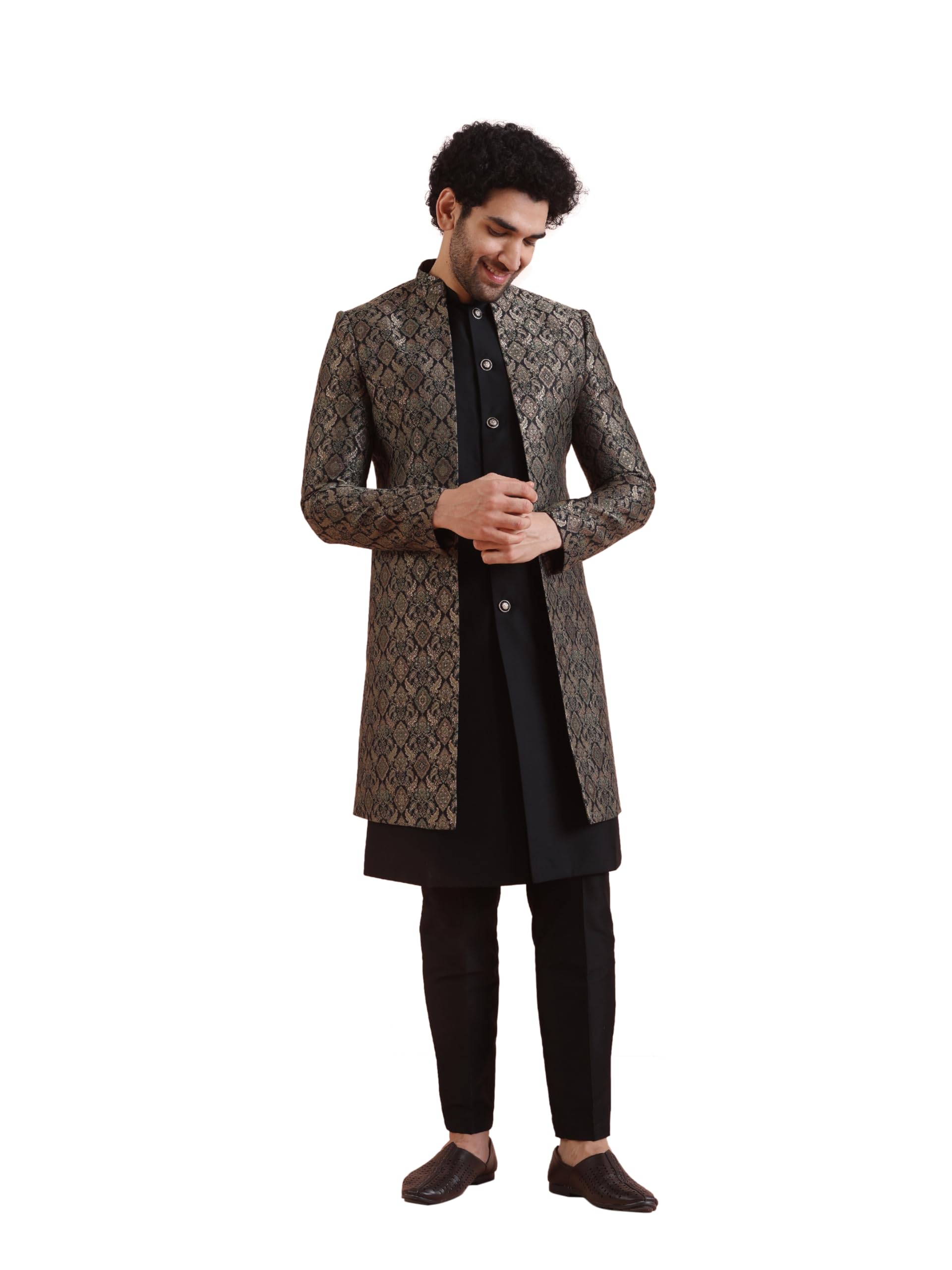 Men Black Jacquard Inner Jacket Indowestern Sherwani Trouser Set-image-27