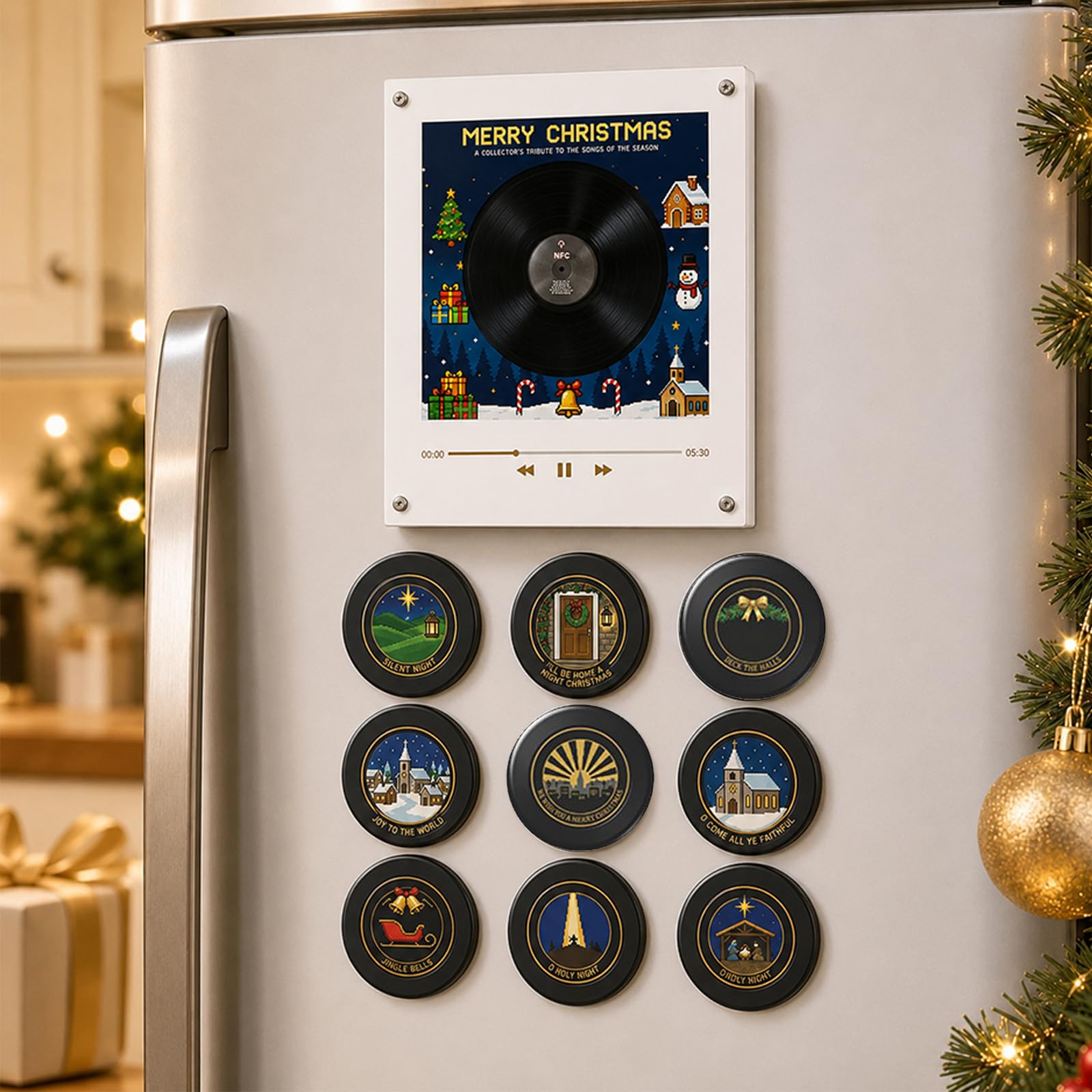 Lecteur vinyle de Noël pour réfrigérateur NFC Boîte à musique magnétique Mini Jingle Aimants Réfrigérateur Stockage personnalisé Rétro avec 9 PCS Lecture Programmable Esthétique Bureau Deco