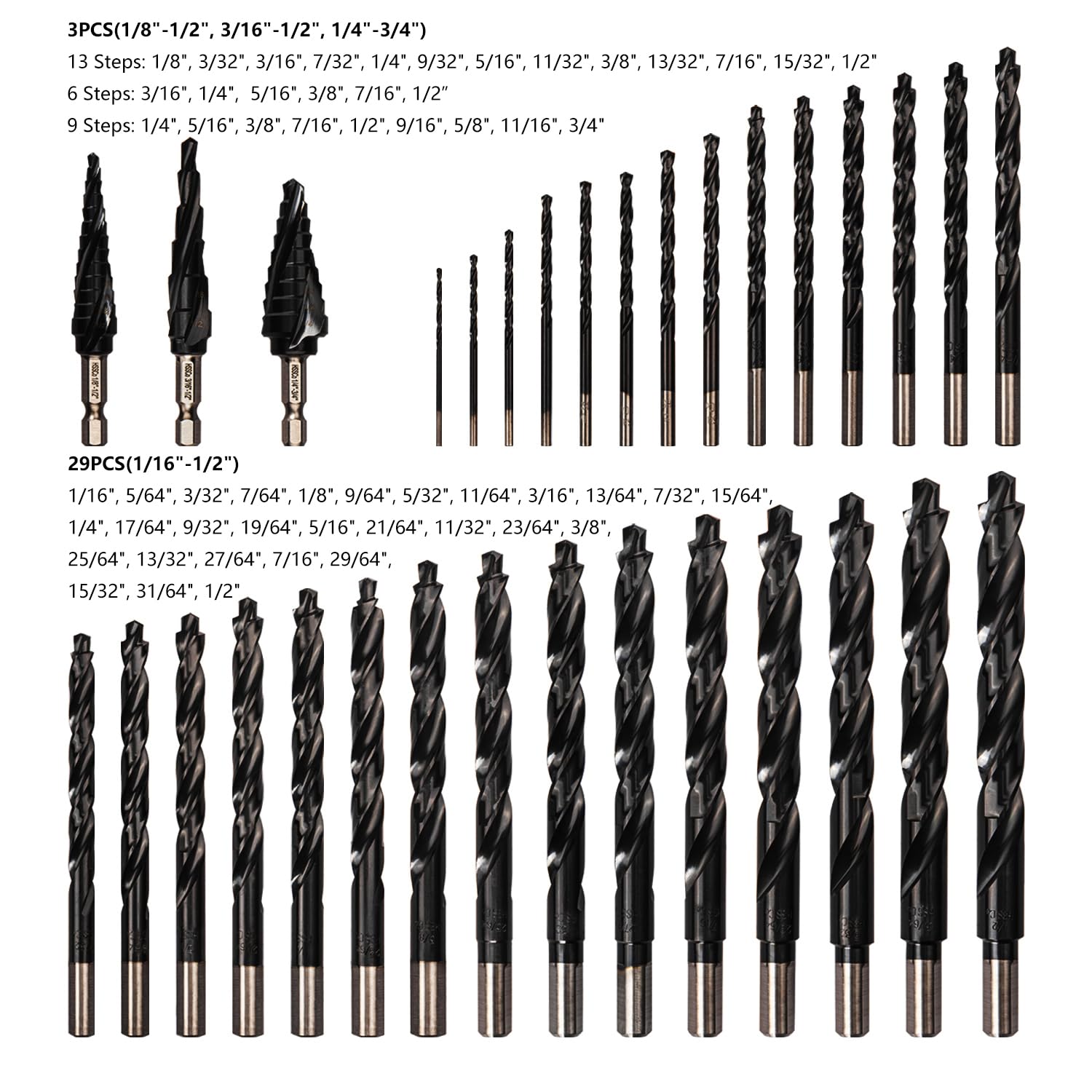 32PCS Cobalt Drill Bits Set (Pro), 29PCS 1/16"-1/2" Twist Drill Bit & 3PCS 1/8"-3/4" Step Drill Bit, Industrial Grade M35 TiAlN, Bullet Point Tip, for Hardened Metal, Stainless Steel