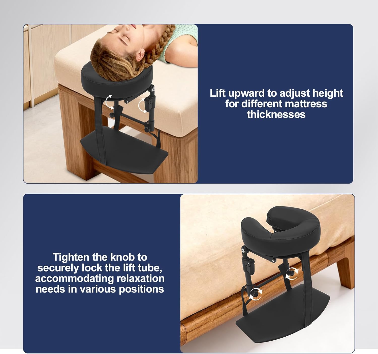 Sleeping Mattress Top Massage Kit Adjustable Headrest Face Pillow Cradle & Support Bracket with Tray - Massage Headrest for Bed, Home, Salon & Recovery, 180° Tilt, 5.5-17.7in Height (Black)