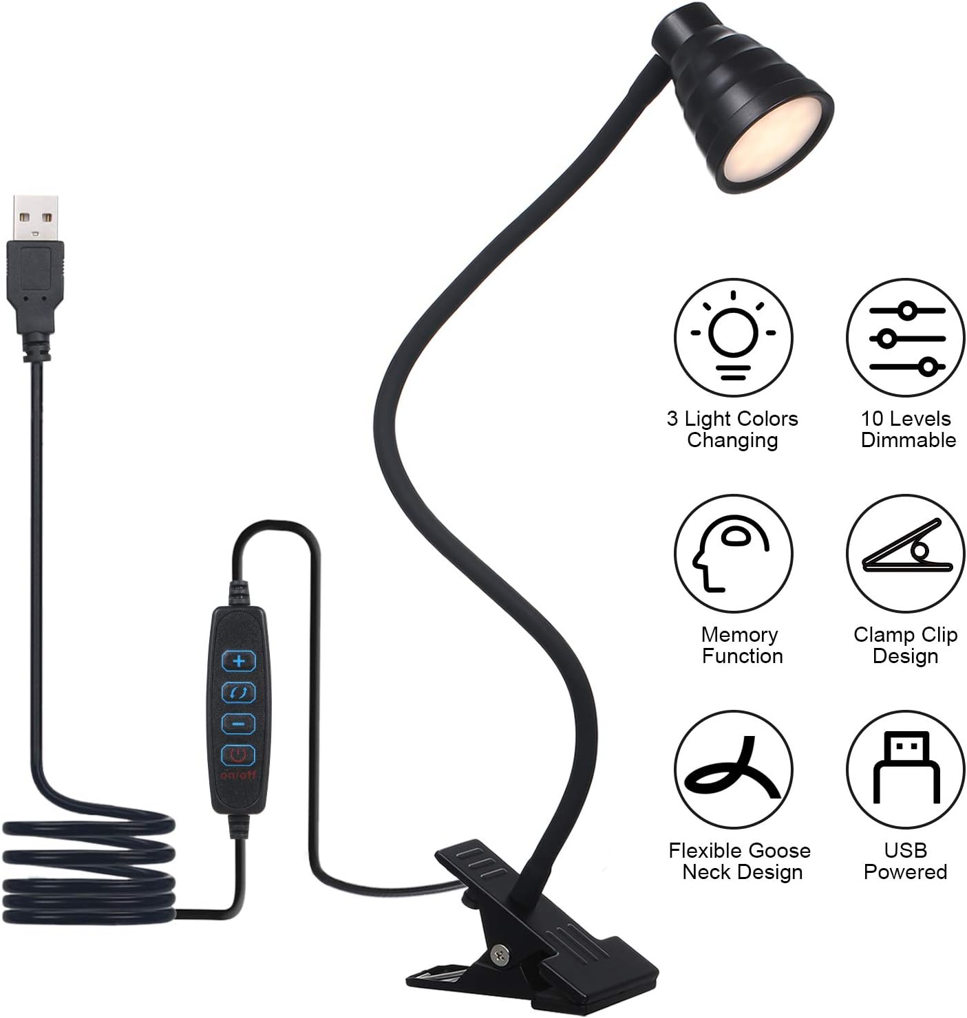 Dimmable Cip on Light, Tomshine 5W Clamp Desk Lamp with 3 Color Temperature 10 Brightness USB Book Light Lightweight for Bed Headboard Computer Piano
