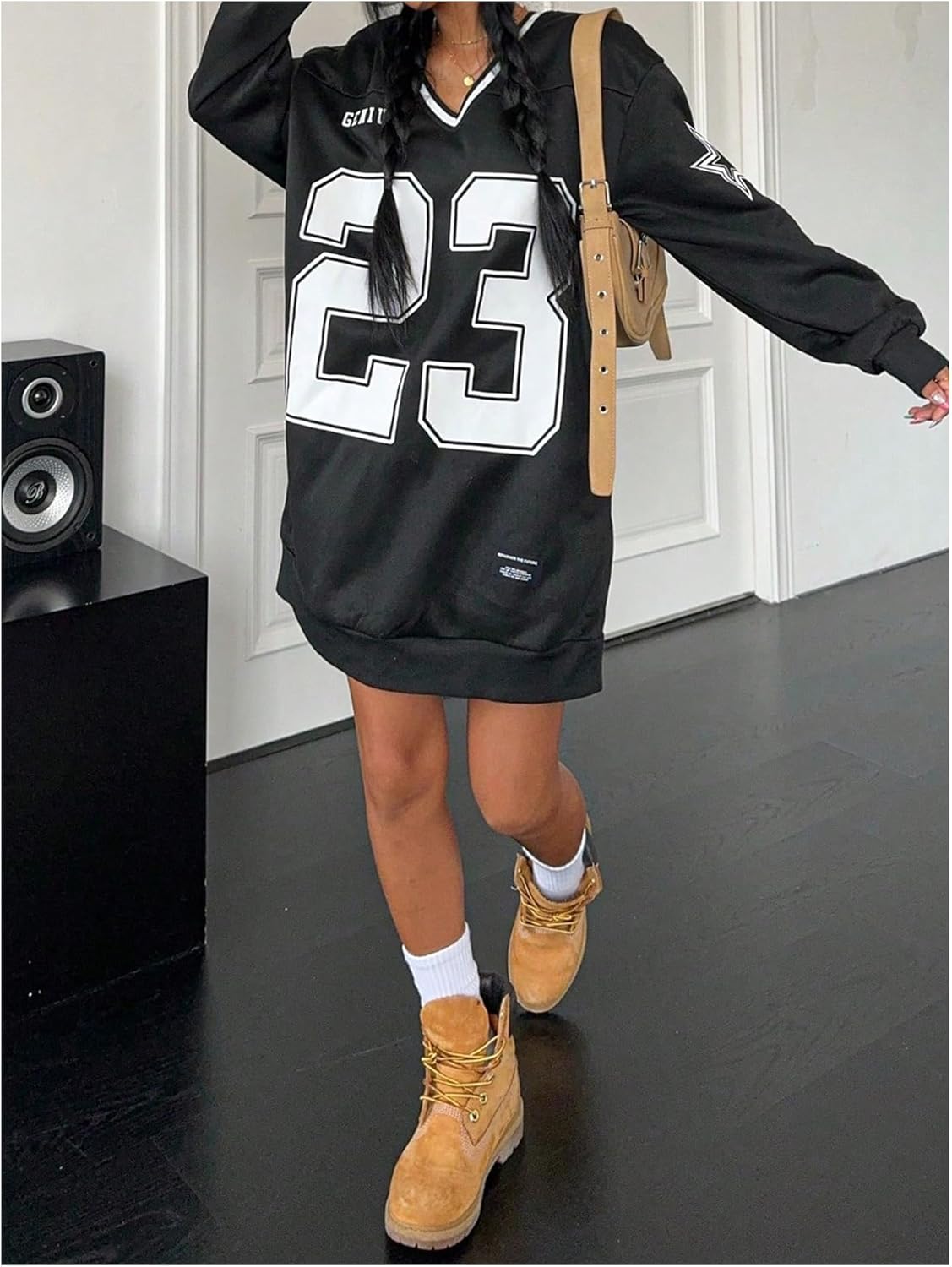 MakeMeChic Women's Oversized Jersey Dress Y2K Number Print V Neck Long Sleeve Pullover Sweatshirt - Image 5