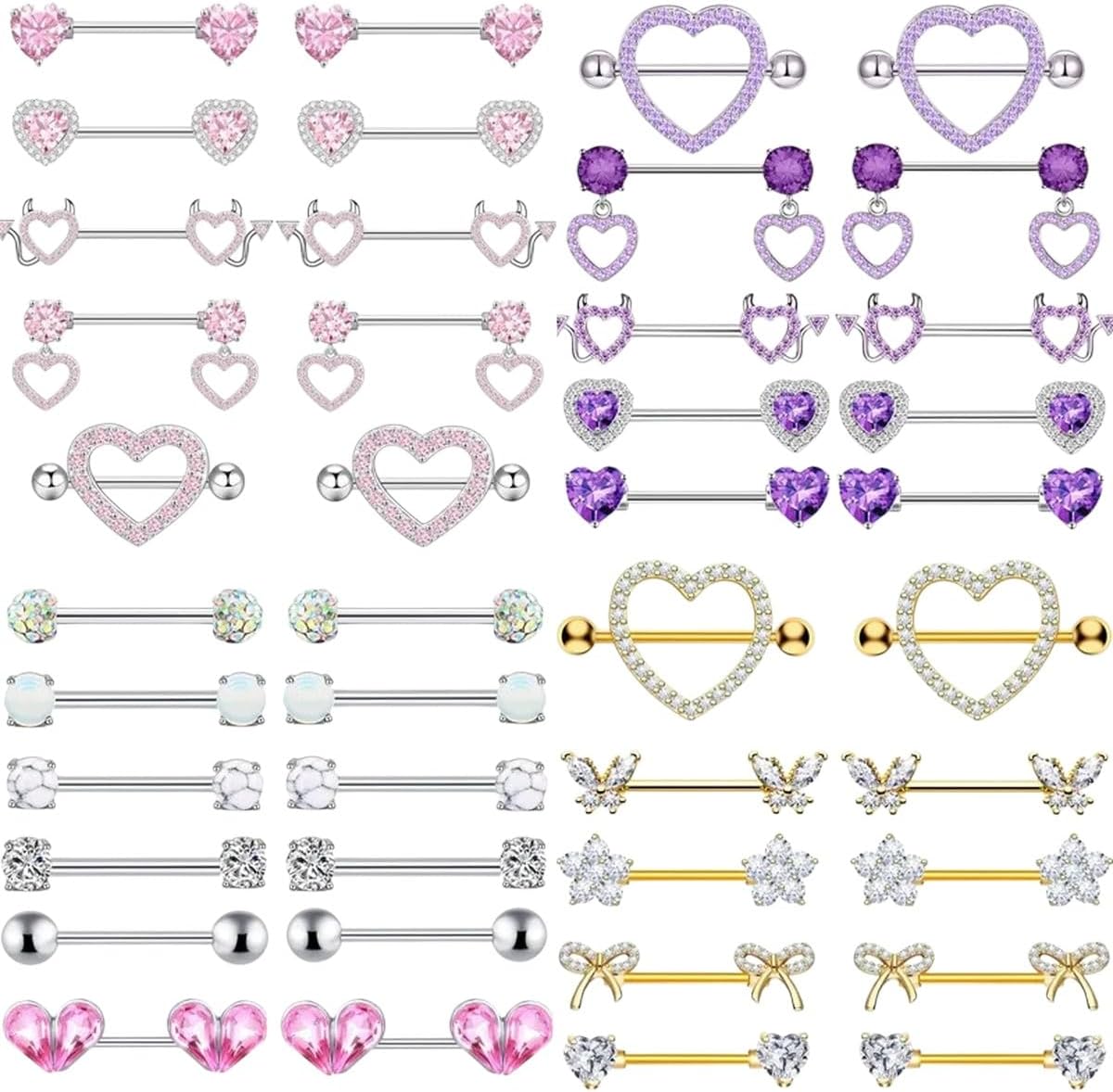 Fashion Stainless Steel Pink Heart Moon Nipple Piercing Set Crystal Sexy Nipple Ring Body Jewelry Perforación Del Pezón
