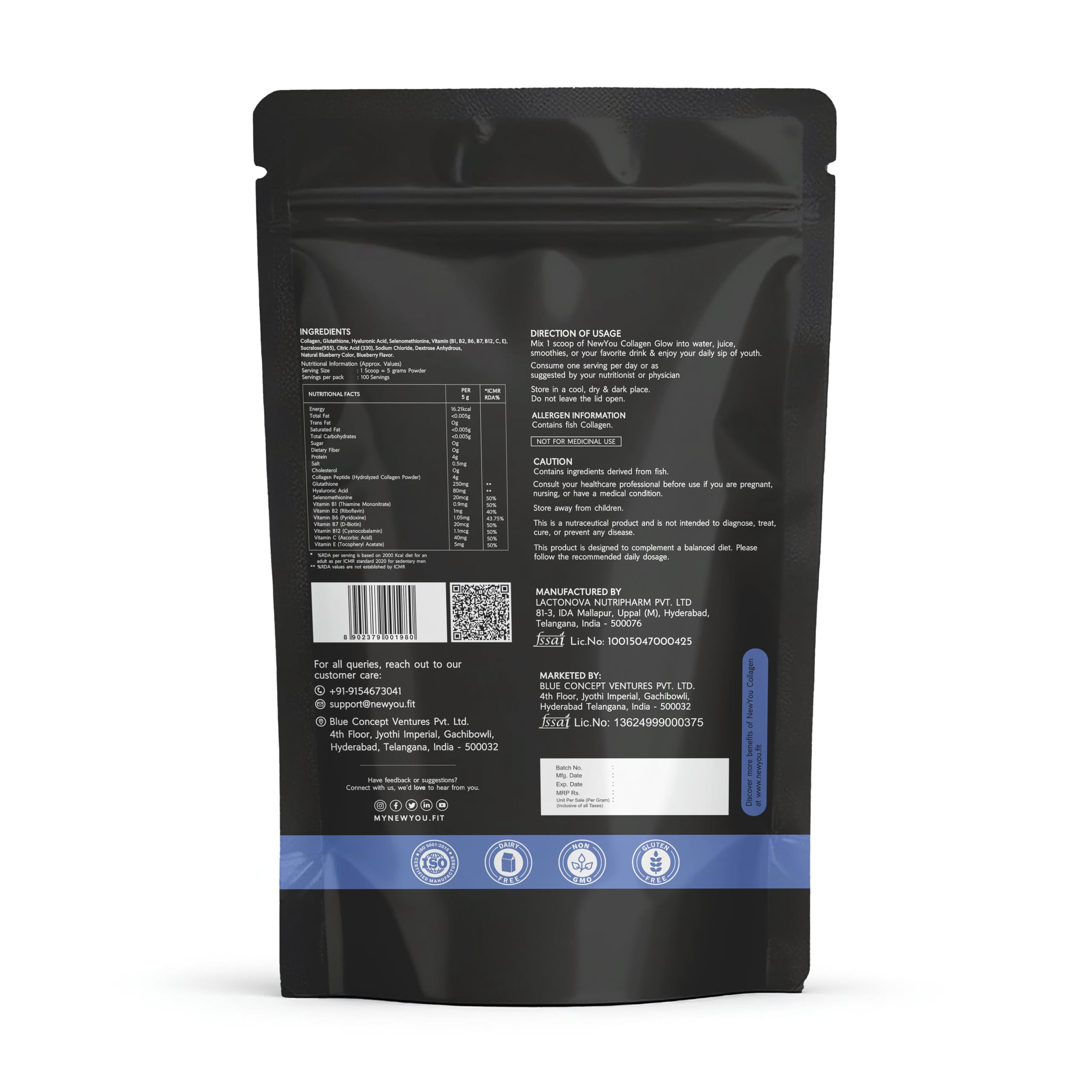 NewYou Collagen Glow Marine Collagen Peptides Powder | Type I & III | Skin, Hair & Nails Support | For Women & Men | With Glutathione, Biotin, Hyaluronic Acid & Vitamins C, E & B Complex | Blueberry Flavour | 500g — Amazon image 7