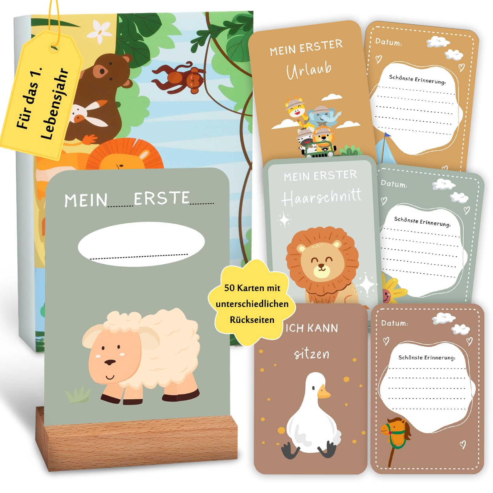 Giftota Meilensteinkarten Baby - 50 Karten (verschiedenen Rückseiten) inkl. Kartenständer aus Holz - Baby Geschenk für Junge und Mädchen - Niedliche Tiere Stil Meilensteinkarte