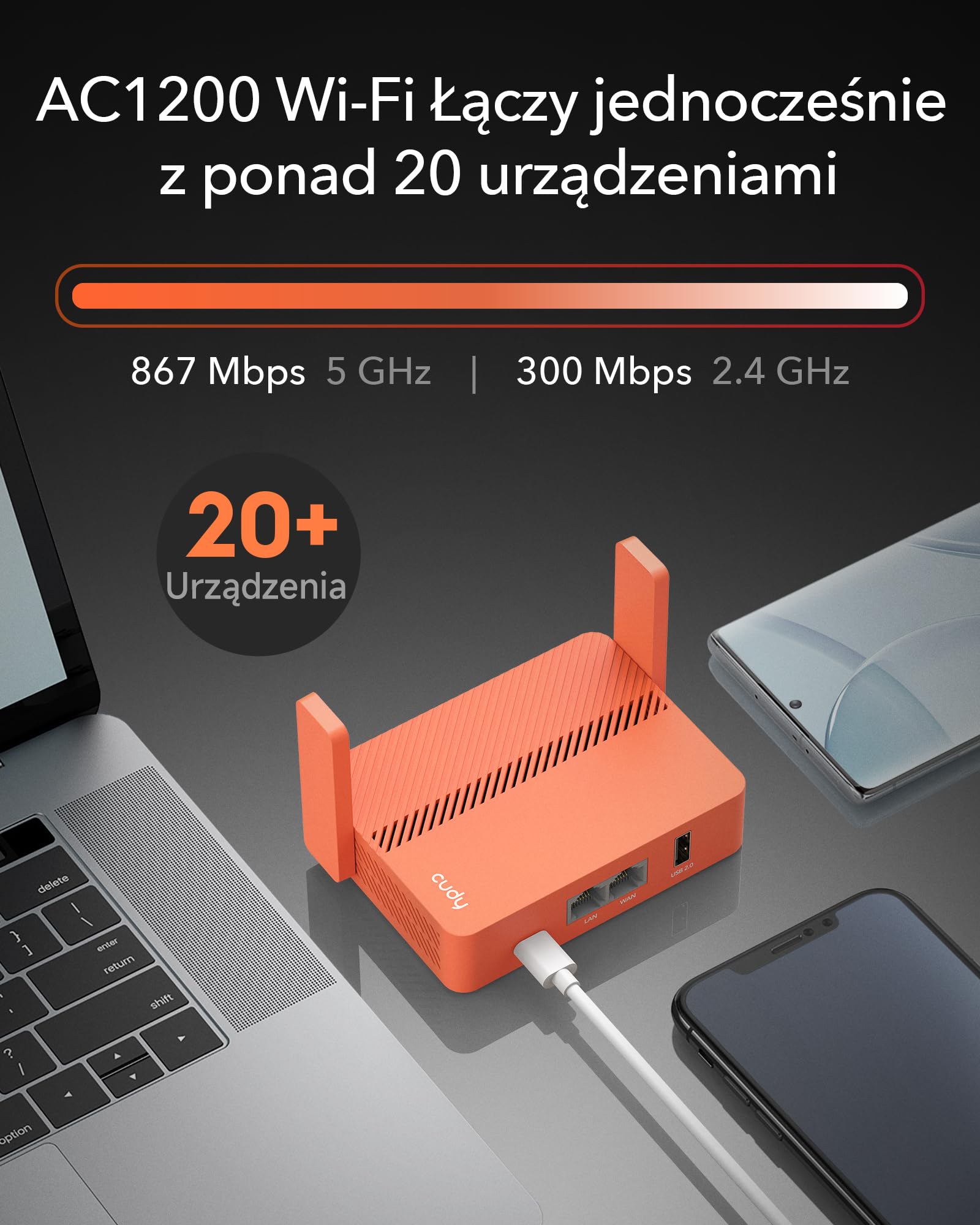Cudy AC1200 Podróżny Router Wi-Fi, Przedłużacz/Repeater, do Hoteli i Sieci Publicznych, WISP, Klienta i Serwera VPN, USB, TR1200, Dwupasmowy, xDSL, Pomarańczowy