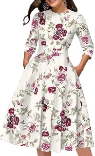 Women's Floral Vintage Dress Elegant Midi Evening Dress 3/4 Sleeves