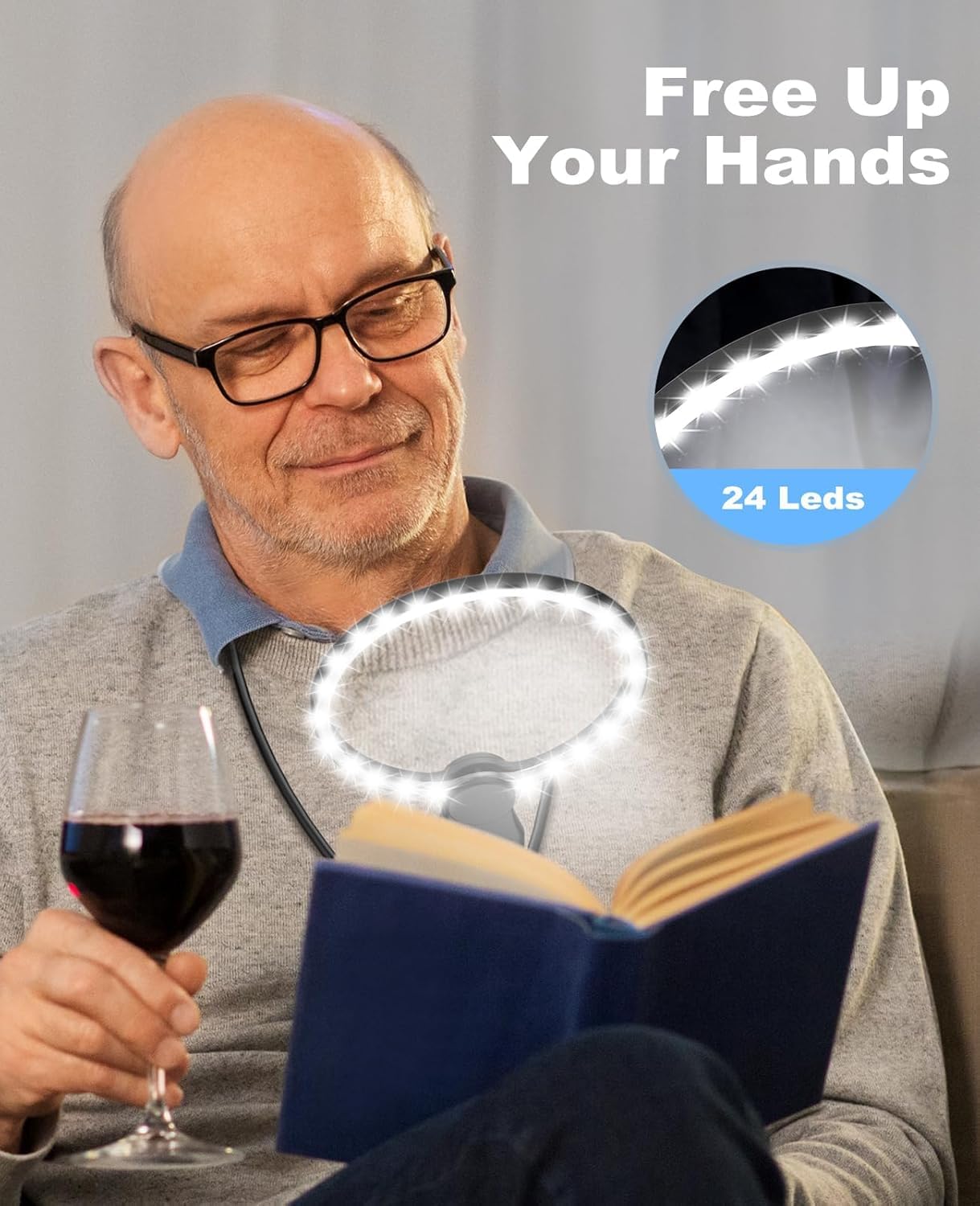 Lupa manos libres 5X con 24 luces LED, lupa recargable de 5.1 pulgadas con cuello de cisne flexible para uso en el cuello, lupa de página grande para personas mayores leer, reparar, coser, punto de