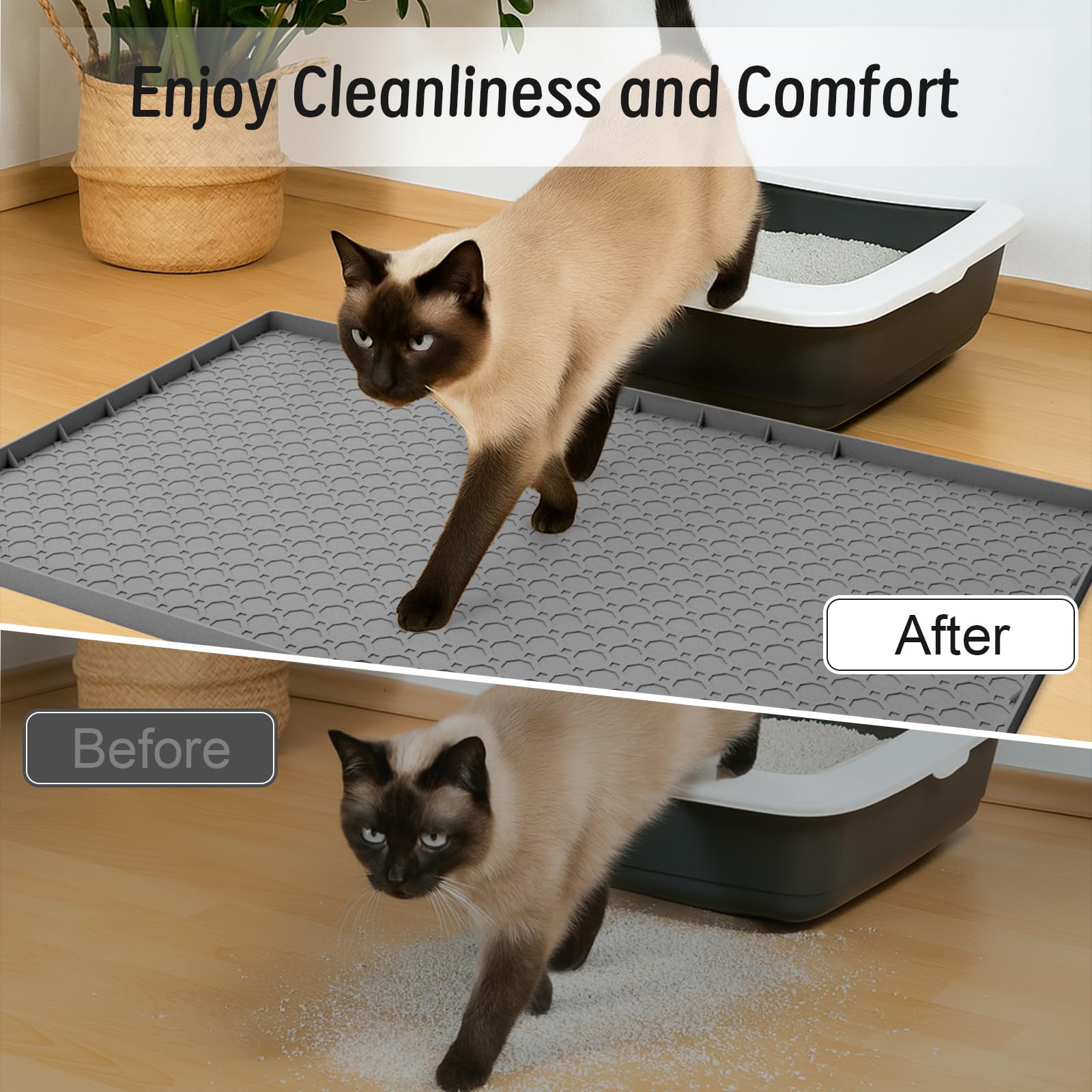 Große Katzenstreu-Matte, 86,4 x 55,9 cm, Katzenstreu, Fangmatte für Katzentoilette, Silikon, mit erhöhten Kanten, wasserdicht, Beige, 2 Stück