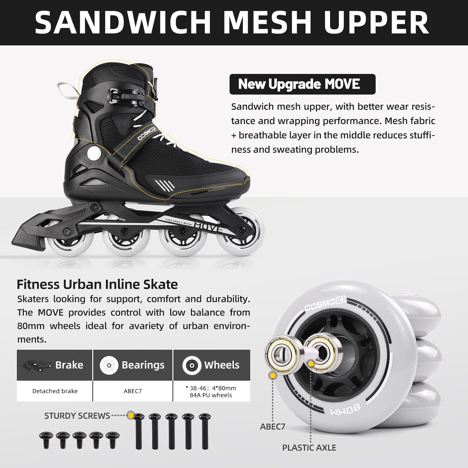 Men's Adult Fitness Inline Skate, Outdoor Street Blades Roller Adult Male, Professional Fitness Roller Skates Blades,Black,Size 5-12,Move