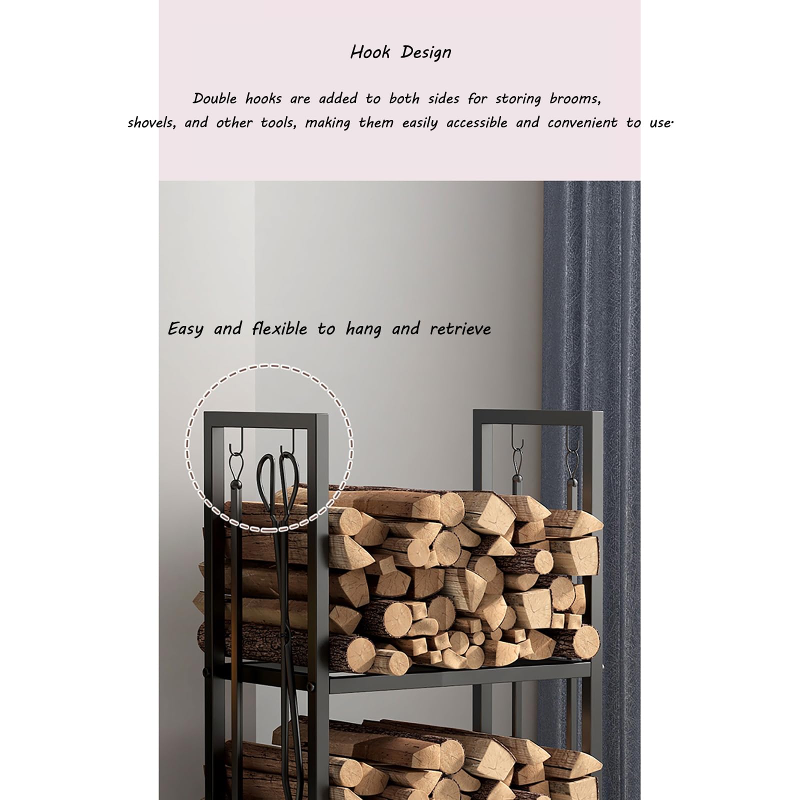 Leñero con ruedas y juego de herramientas para chimenea, incluye 4 herramientas, apto para uso interior y exterior, ideal para almacenar leña, negro.