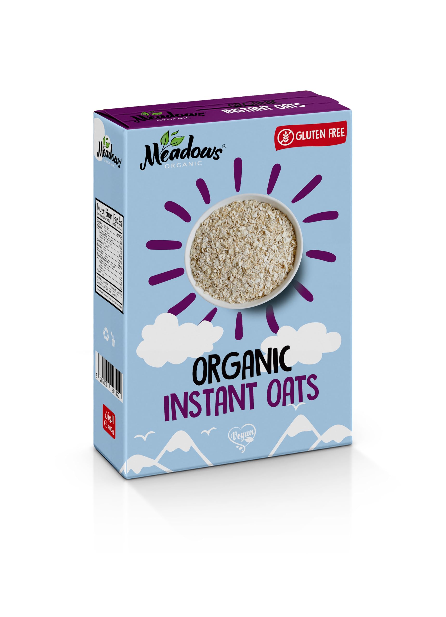 Meadows Organic Gluten Free & Vegan Instant Oats 400g - Great Source of Fiber. A convenient, nutritious and delicious breakfast option that provides sustained energy.