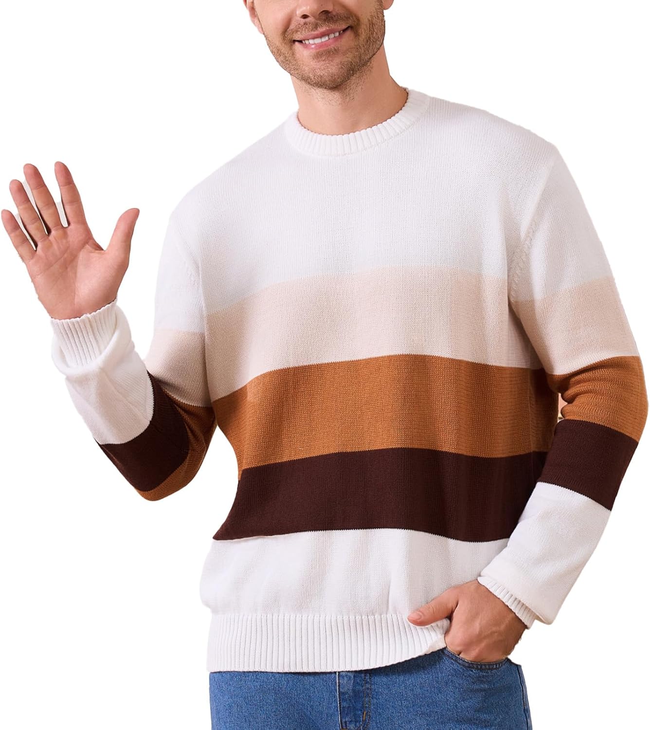 Mens Crewneck Sweater Casual Slim Fit Long Sleeve Striped Color Block Soft Thermal Knitted Pullover Sweaters - Image 2