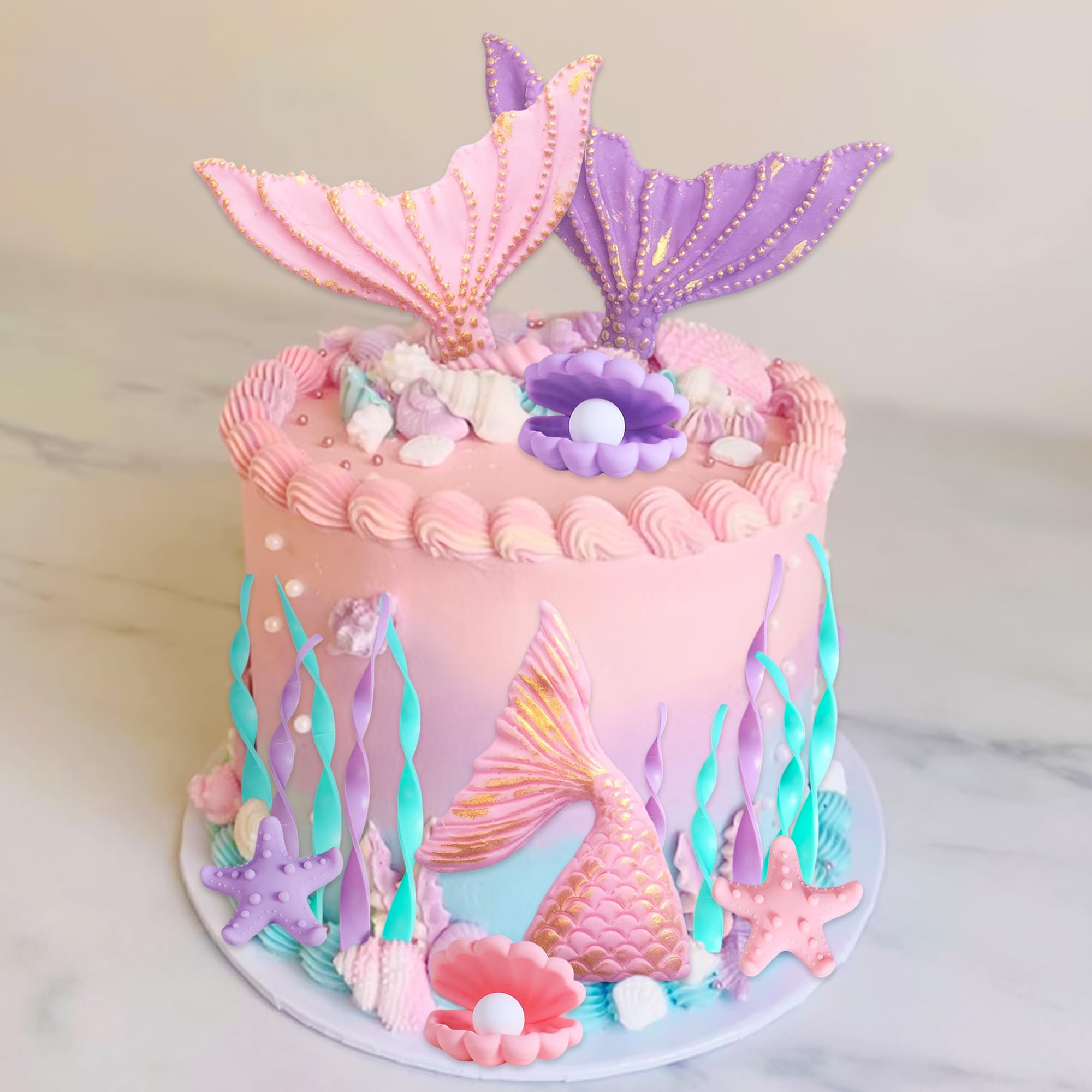 JeVenis Topper Sirenetta Rosa Decorazione per Torta con Conchiglia e Coda di Sirena - Forniture per Feste a Sirena