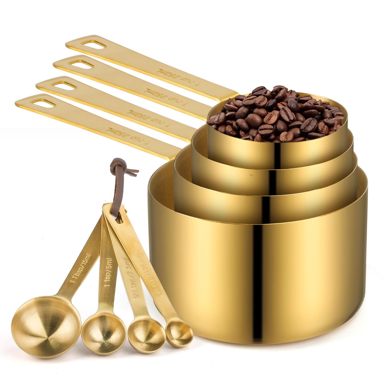 Stainless Steel Measuring Cups & Spoons Set, 8 Piece Stackable Accurate Tablespoon, Kitchen Gadgets for Cooking & Baking, Large, Golden