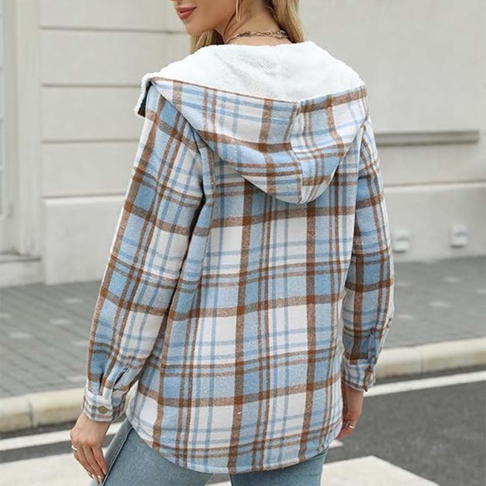 Generisch Hemdjacke Damen Flanellhemd Kariertes Knöpfen Taschen Mantel Holzfällerjacke Plaid Plüsch Fleece Gefüttert Jacke Winter Bluse Mit Kapuze