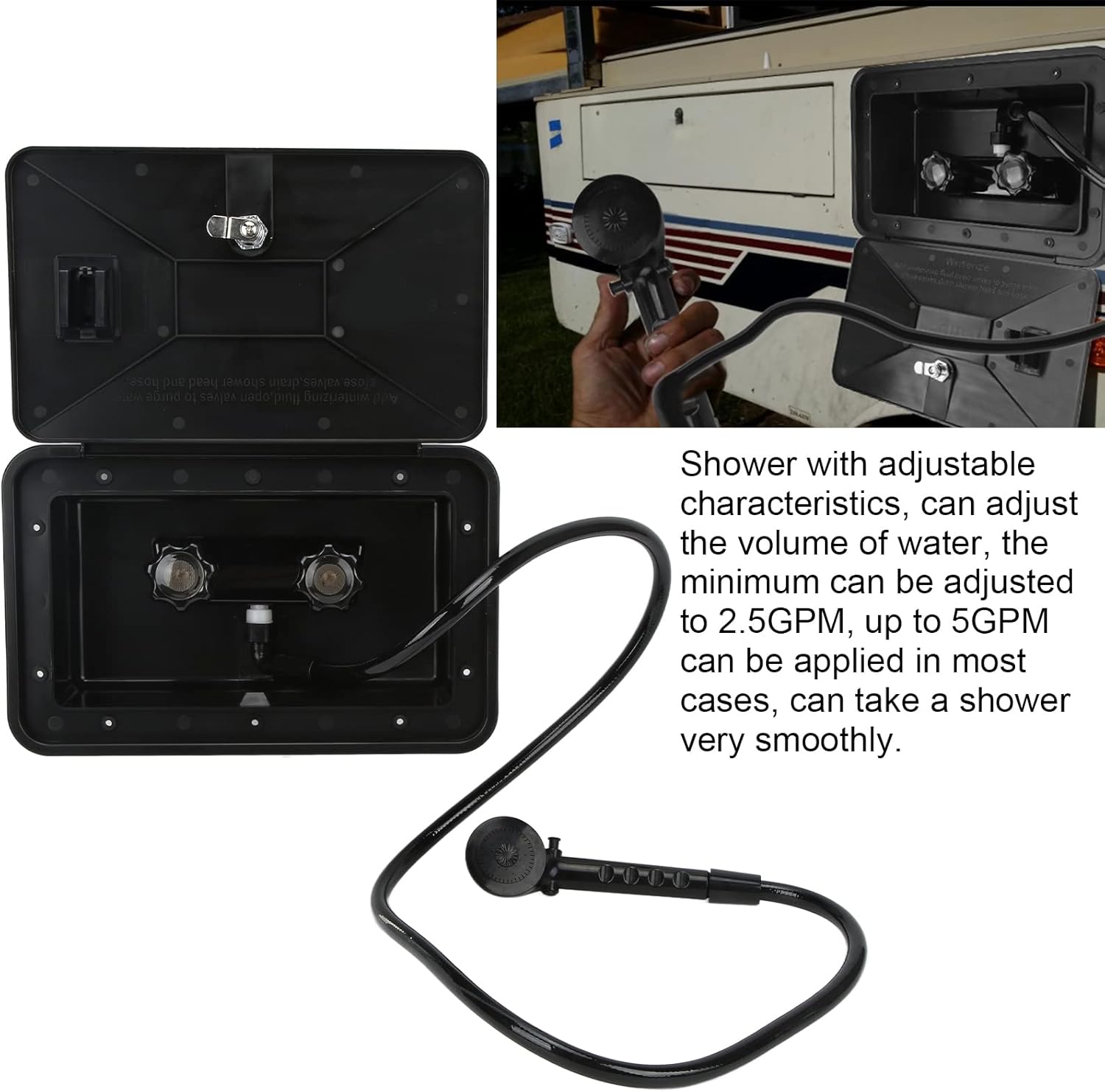 Exterior Shower Box Kit for RV with Adjustable Temperature .5M Hose and Lockable ABS Compartment