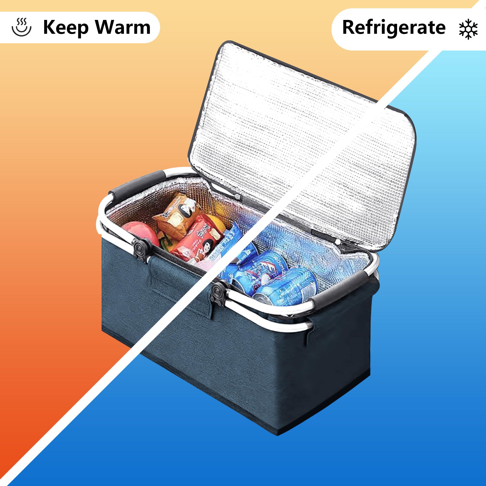 Cesta de Picnic 25L Cesta de la Compra Plegable con Asa Bolsa Picnic Bolsa Térmica Grande con Tapa Enfriador de Camping Plegable Caja Térmica para Trabajo Viajes Compras (Azul)