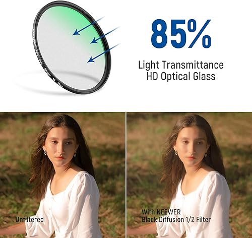 Vista 79 de NEEWER Difusión negra de 3.031 in, 1 filtro de niebla de ensueño, filtro de efecto cinematográfico, ultra delgado, repelente al agua, resistente a