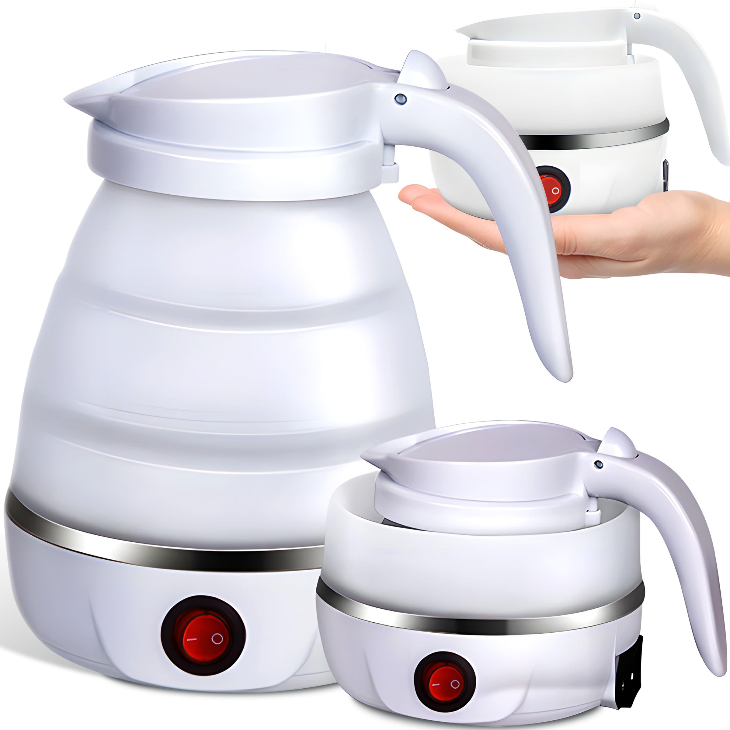 Retoo Wasserkocher Faltbarer 0,6 Liter Silikon Camping Reisewasserkocher mit Edelstahlboden 750 W Tragbarer Teekocher für Outdoor Wandern Survival Weiß