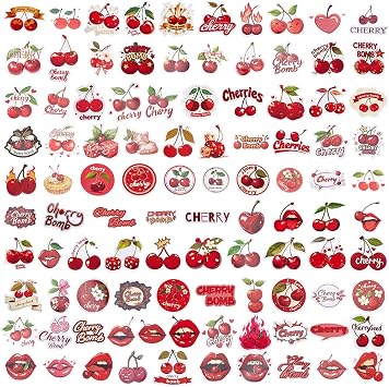 PLIGREAT 100 Pcs Red Cherry Stickers Cherry Aesthetic Decals Fruit Decorative Stickers for Laptop Water Bottle Cell Phone Bedside Sticker Suitcase Skateboards Scrapbooking