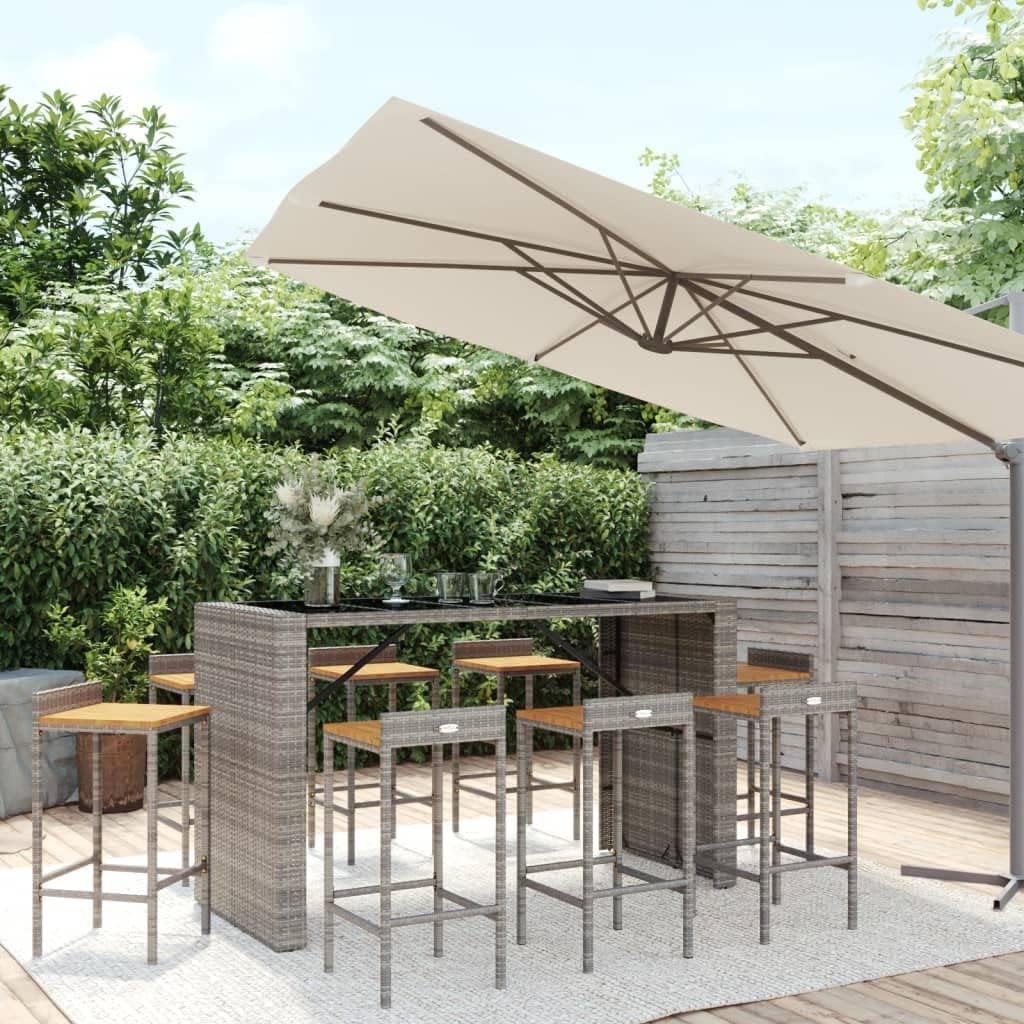 9 Piece Grey Poly Rattan and Solid Wood Acacia Garden Bar Set with Tempered Glass Tabletop and Powder-Coated Steel Frame for Outdoor Patio