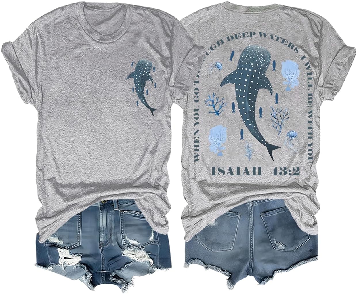 Whale Shark Shirt Christian Religious Bible Verse Isaiah 43:2 When You Go Through Deep Waters Shirt Unisex