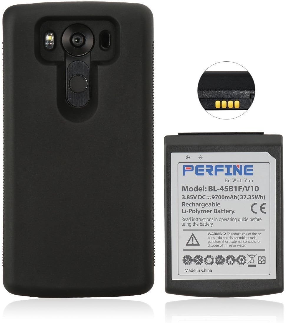 Perfine BL-45B1F 9700mAh for LG V10 Extended Battery with Full Edge Protection TPU Case Black