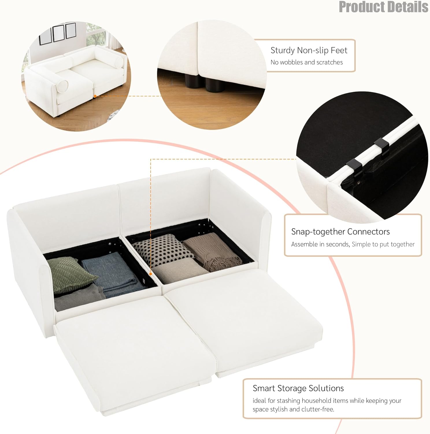 Modular Sectional Couch Sofa with 2-Seater,75.5" Oversized Chenille Fabric Loveseat with Hidden Storage,Comfy Cylindrical Backrest Corner Sofa for Living Room,White