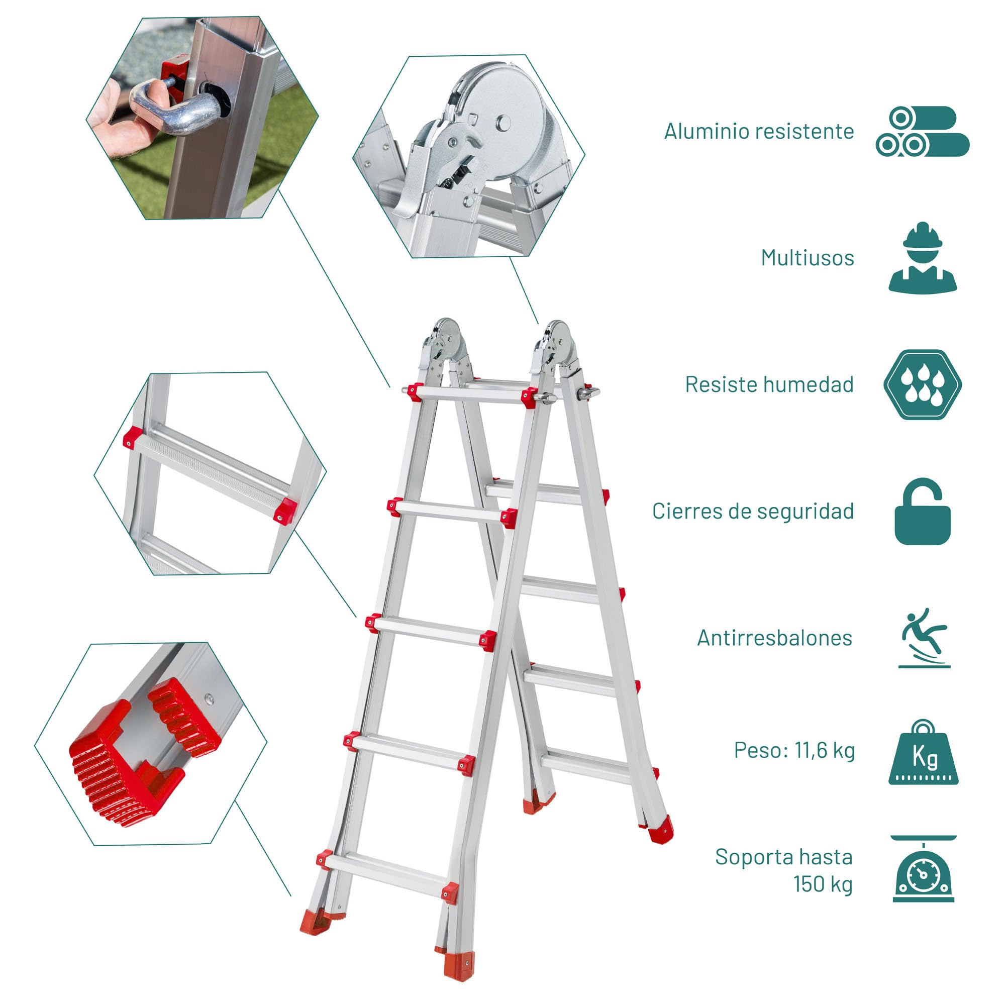 Escaleras Plegables Aluminio, Escalera Plegable, Escalera telescópica, Extensible en 4x5 (10+10 escalones) 5,10 Metros desplegada y 2,55 Metros en Tijera, válida hasta 150 kgs. con Normativa EN131