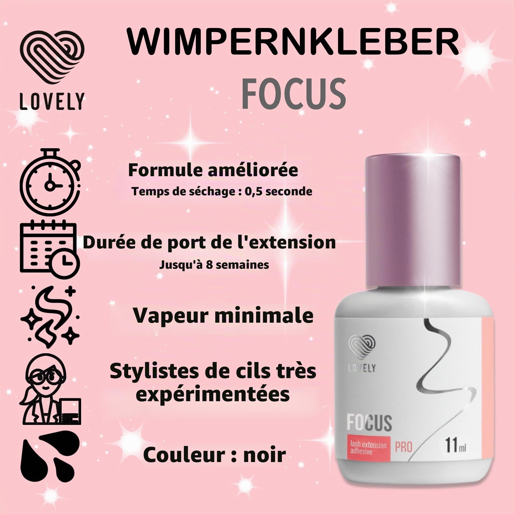 LOVELY colle pour cils FOCUS (11ml, couleur : NOIR) colle ultra-rapide, temps de séchage : 0,5 secondes, 8 semaines d'adhérence, pour des extensions de cils professionnelles, Extension Glue