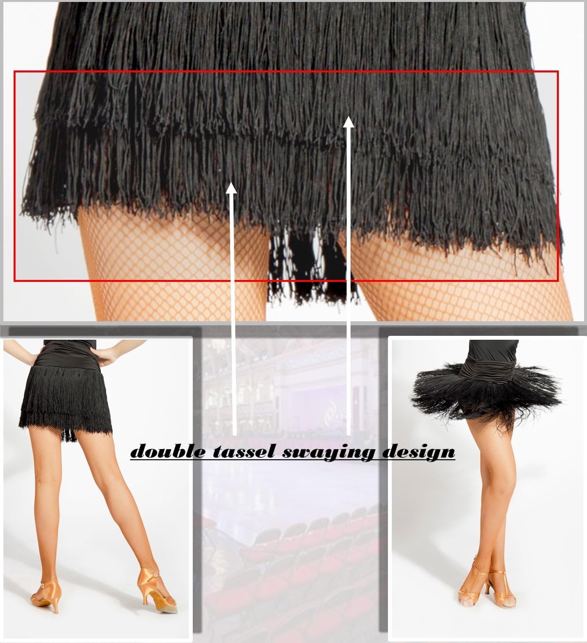 GD2002 Kid Latin Ballroom Dance Professional Pleated Surface and Double Tassel Swing Design Skirt for Girl