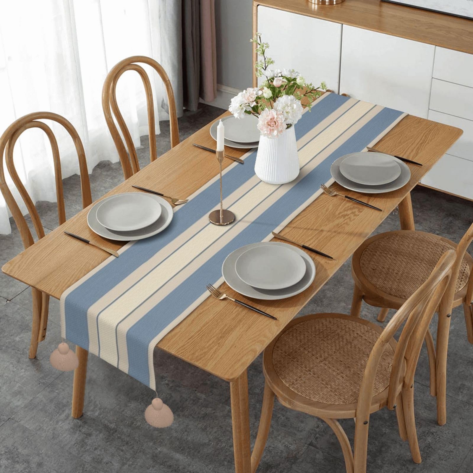 Chemin de table pour fête à rayures rustiques bleues et beiges de 35,6 x 152,4 cm