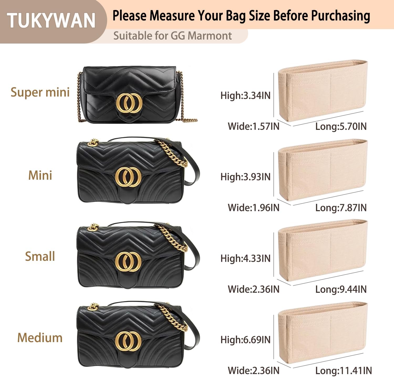 Felt Purse Organizer Insert for GG Marmont Matelasse Shoulder Bag Long champ le pliage,Mini Handbags Organizer Tote Liner Pouch for Women Inner Bladder Bag Storage Bag image 5