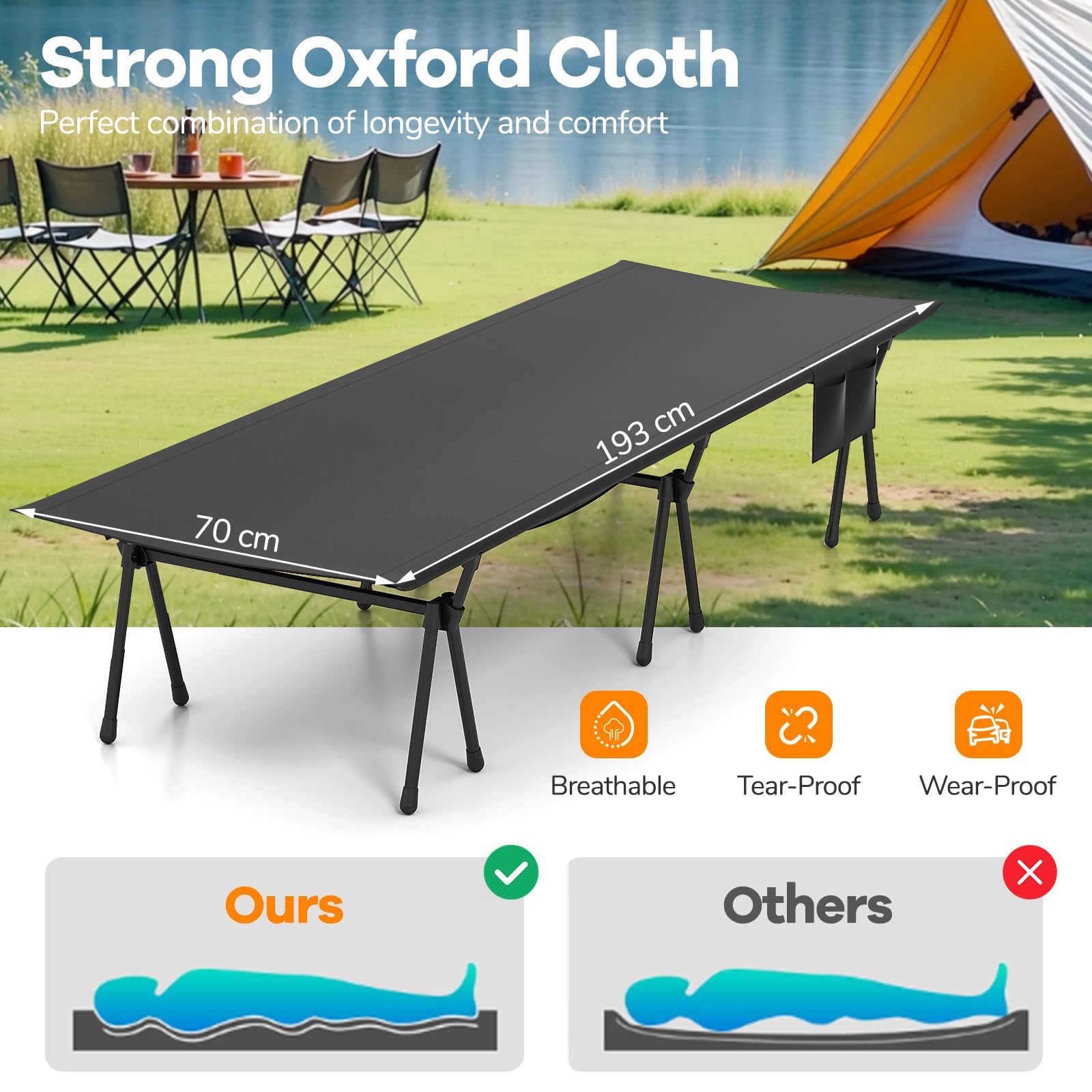 FANTASK Feldbett klappbar, 193 x 70 cm, Campingbett höhenverstellbar bis 150 kg, Campingbett faltbar mit Beinerweiterungen, Seitentasche & Netztasche, für Camping, Reisen, Schwarz