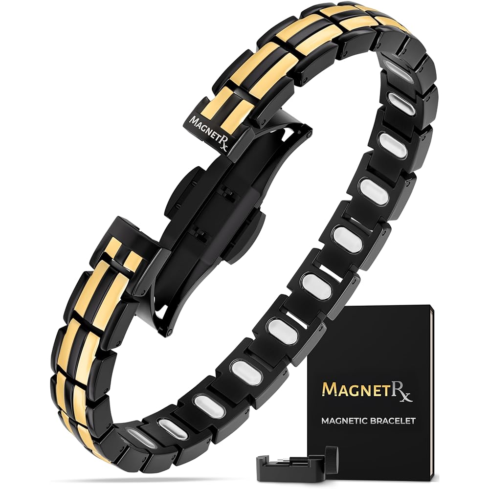 MagnetRX Magnetic Bracelets for Women - EllipseMAX 5X Strength 5,000 Gauss Magnets - Designed in USA & PATENT PENDING - Premium Titanium Womens Magnetic Bracelet & Adjustable Length (Black/Gold)