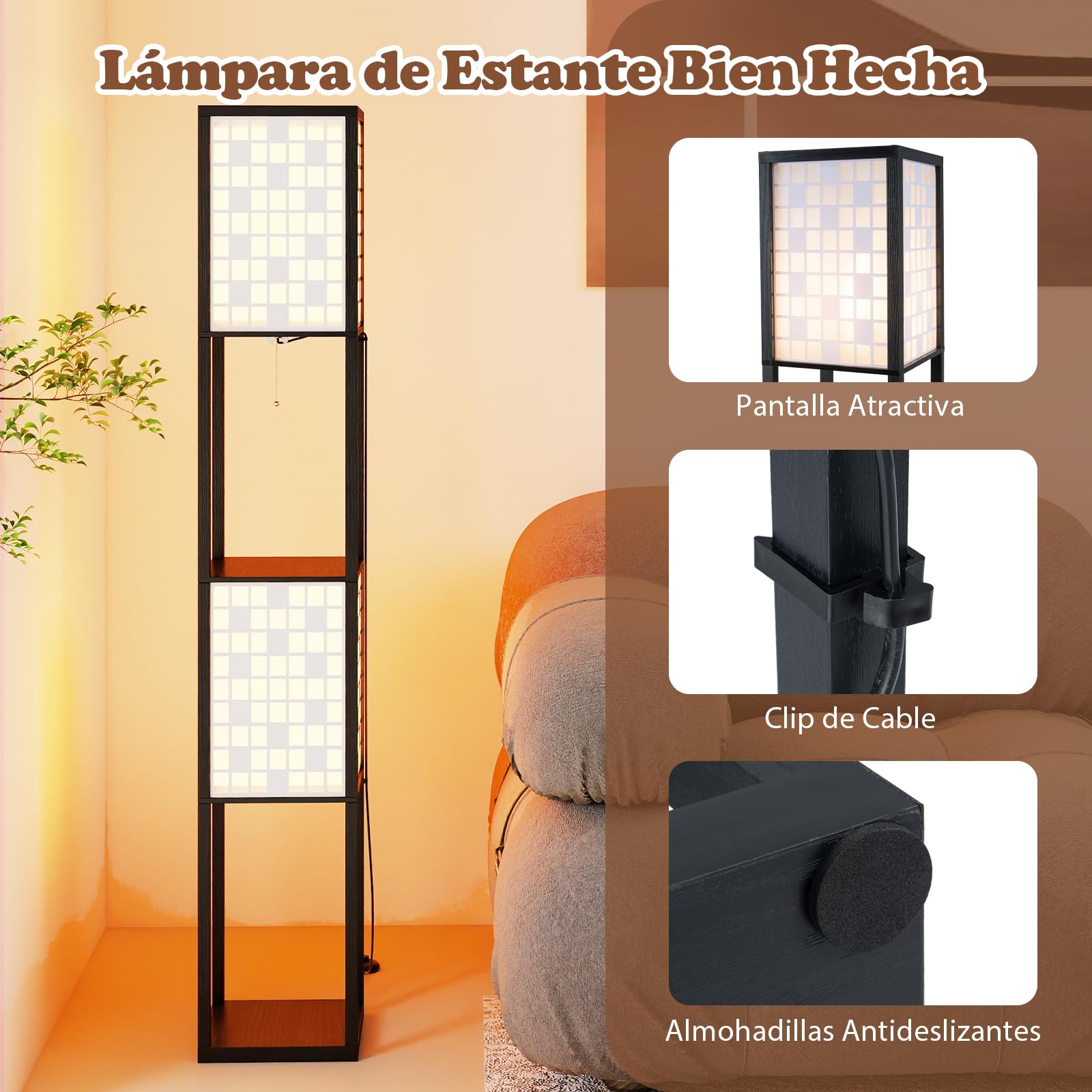 COSTWAY Lámpara de Pie con 2 Luces y Estantes, Lámpara de Madera con 2 Pantallas con Patrones Recortados, Lampara de Pie Salon, Dormitorio, Estudio y Oficina, Requiere Bombillas E27 (Diseño de cuadro)
