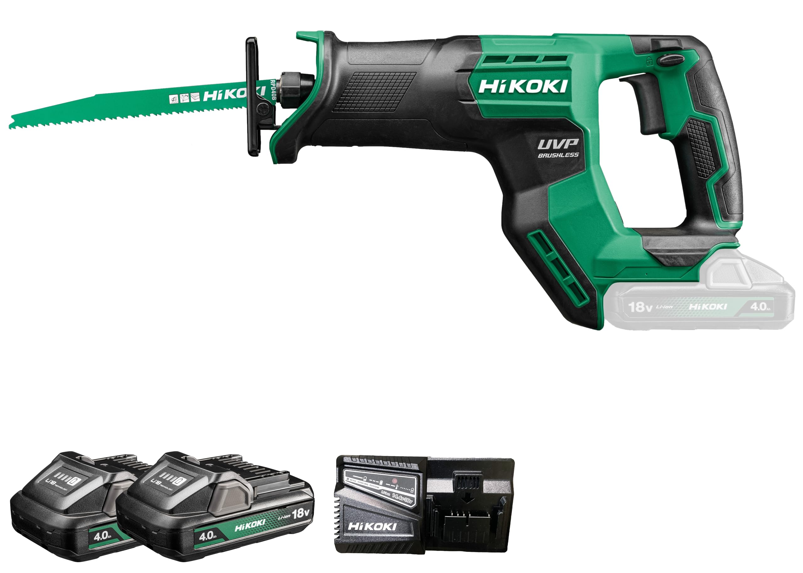 HIKOKI Sega a sciabola a batteria CR18DMA (18 V (2 x 4,0 Ah) Li-ion, lama 29 mm, seghe in legno Ø 300 mm, diametro tubo: 130 mm, seghe in acciaio Ø:19 mm)
