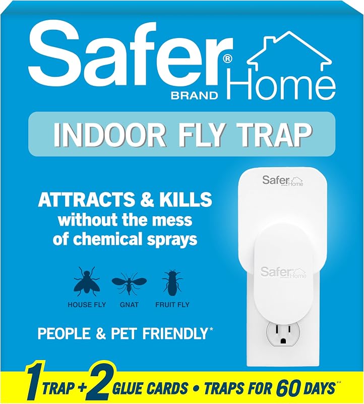 Trampa para insectos voladores Safer Home, trampa para moscas de la fruta enchufable para interiores, 1 paquete | Trampa para insectos voladores, polillas y mosquitos, mata moscas de la fruta, atrapamoscas, captura 24 horas al día, 7 días a la semana, sin químicos, 1 trampa + 2 tarjetas de pegamento, SH502