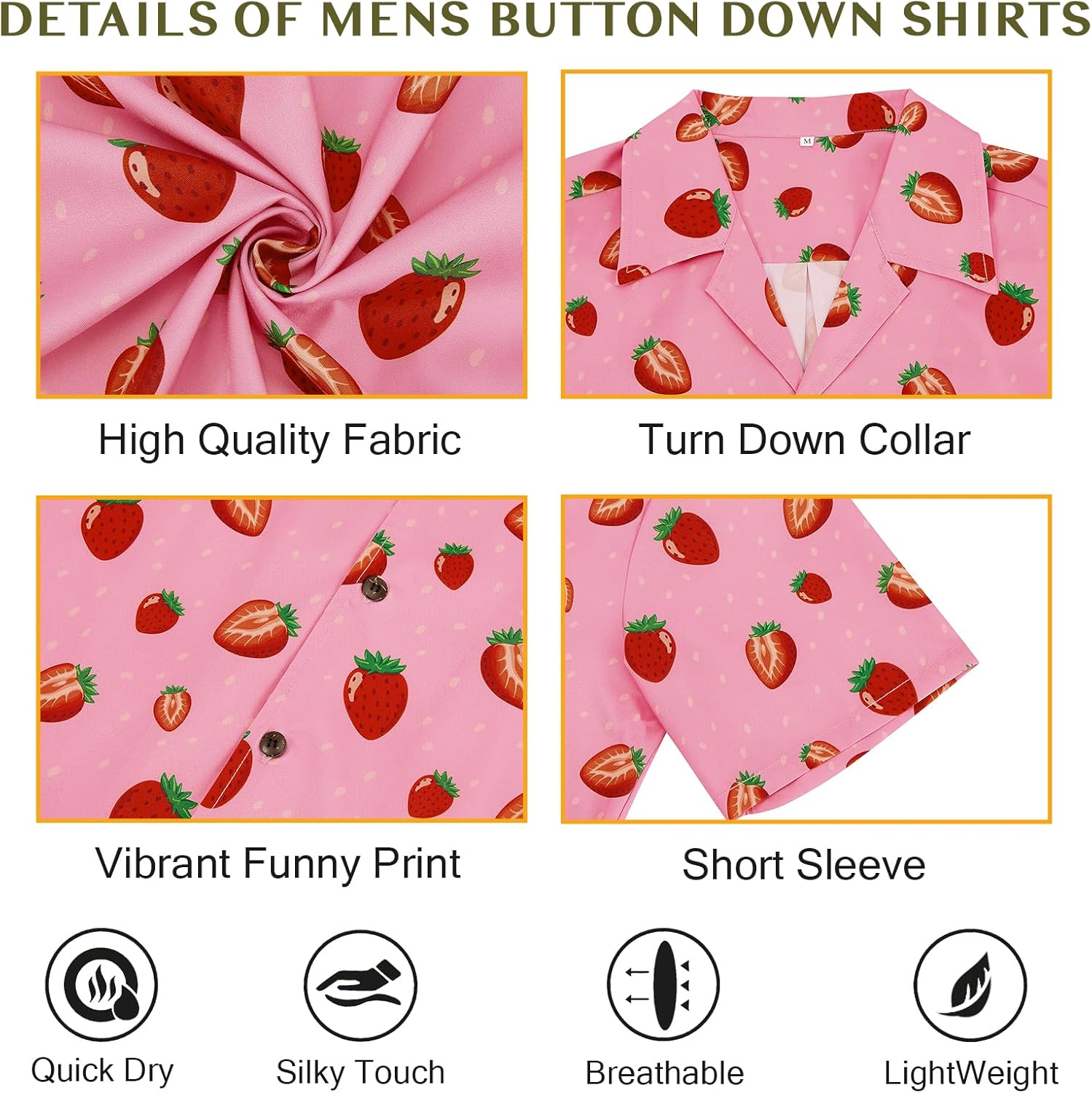 Pink Hawaiian Shirt for Men Funny Strawberry Short Sleeve Shirt Beach Tropical Vacation Shirt Button Up Aloha Shirt 3XL - Image 6