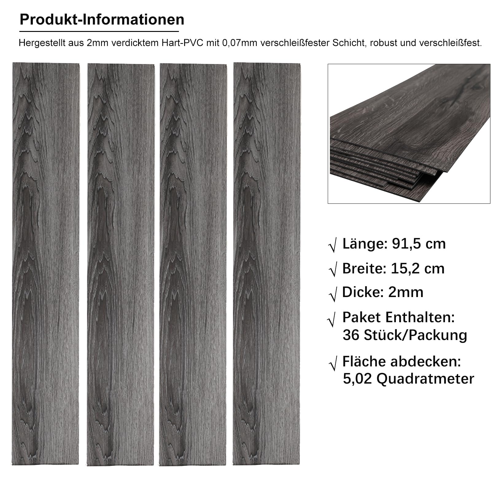 INMOZATA 5,02m²/ 36 Fliesen PVC Bodenbelag Selbstklebend Vinylboden Selbstklebend PVC Laminat -91,5 x 15,2cm -Dicke 2 mm Rutschfeste Wasserfest Schneidbar (Dunkelgrau)