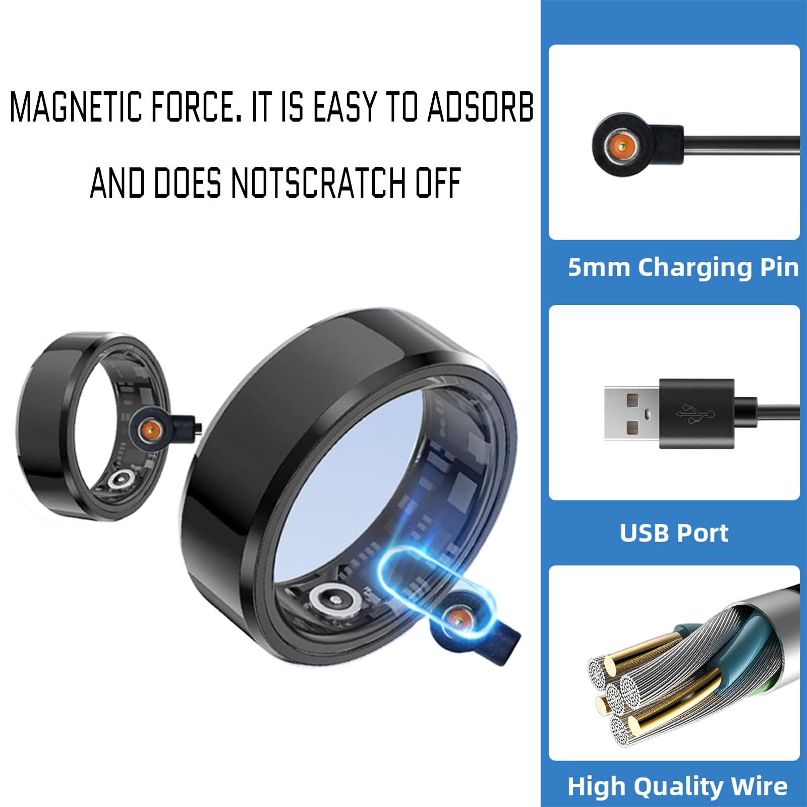 Magnetic Smart Ring Chargers - 2 Pcs Universal Replacement Charger- 4 mm Suitable for Colmi Ring, for R02 R09 R18 Ring & More Devices with 1 Pin Port Note: NOT for Oura Rings, NOT for Samsung Ring